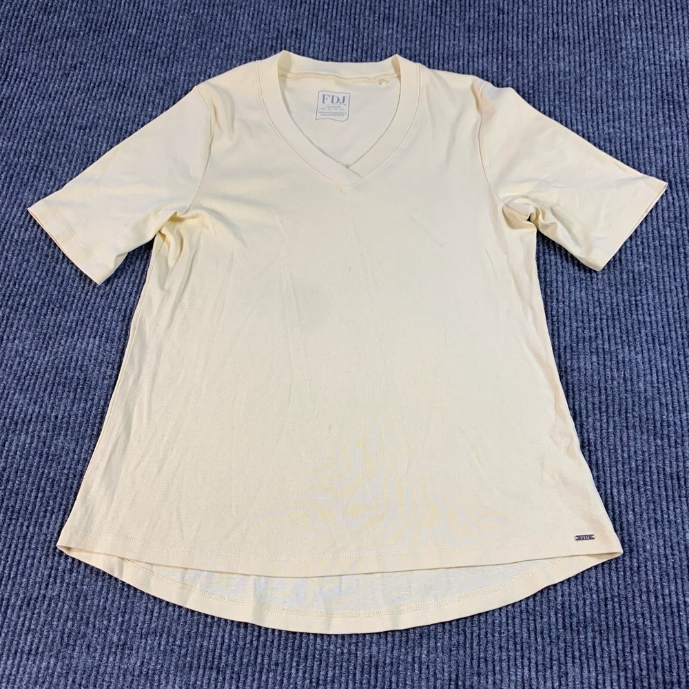 FDJ French Dressing Shirt Womens L Large Yellow Short Sleeve Stretch Cotton Cute